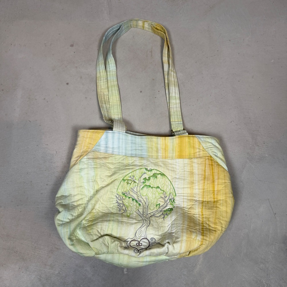 Handmade Tree of Life Embroidered Quilted Tote Bag Yellow Green Striped Boho M